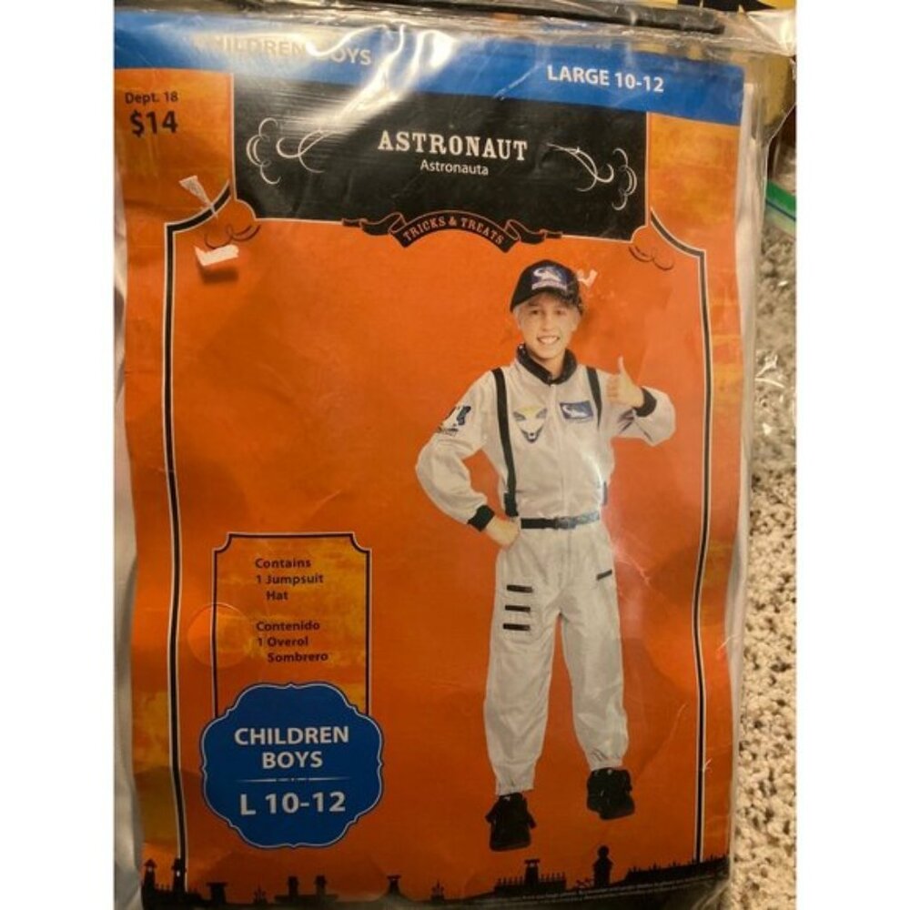 Astronaut Costume For Boys Large 10-12 Includes Jumpsuit & Hat White Blue